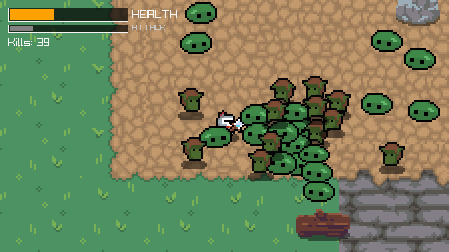 Sir Survive gameplay: the knight surrounded by a horde of slimes and goblins